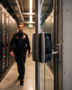 Police officer patrolling a secure server room entrance with a digital biometric access lock
