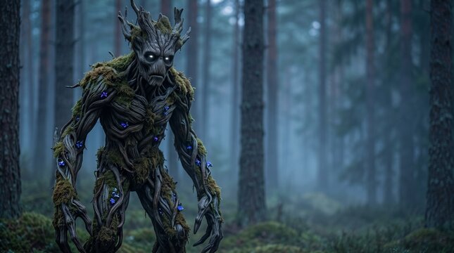 Dark fantasy forest creature made of roots and moss