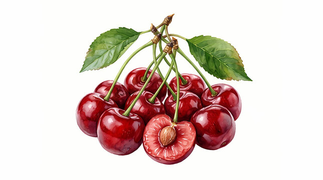 Fresh red cherries harvested from orchard garden for healthy snacks and food preparation featuring green leaves attached to juicy fruit pieces one cut in half revealing stone inside ripe berry