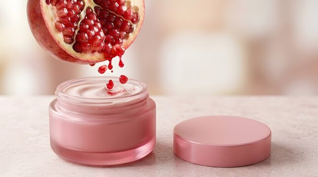 Fresh pomegranate fruit half dripping red juice droplets into pink glass cosmetic jar