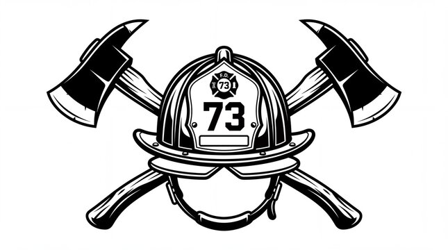 Firefighter helmet with two crossed axes badge emblem vector illustration isolated on white background