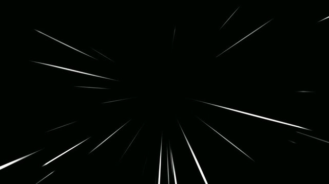 Comic speed lines fast moving animation on black background. Dramatic zoom velocity speed lines radiating from the middle to the outside. Anime manga speed lines with subtle light streaks animated.