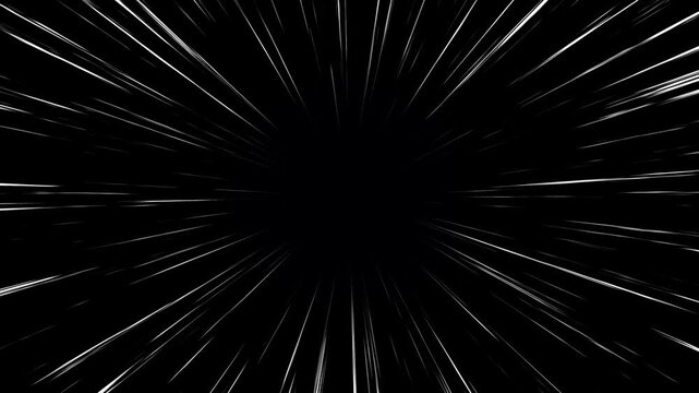 Comic speed lines fast moving animation on black background. Dramatic zoom velocity speed lines radiating from the middle to the outside. Anime manga speed lines with subtle light streaks animated.