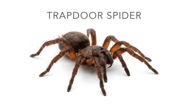 A detailed shot of a trapdoor spider with its eight legs spread out. The spider is brown with a fuzzy body and is positioned in the center of the frame.