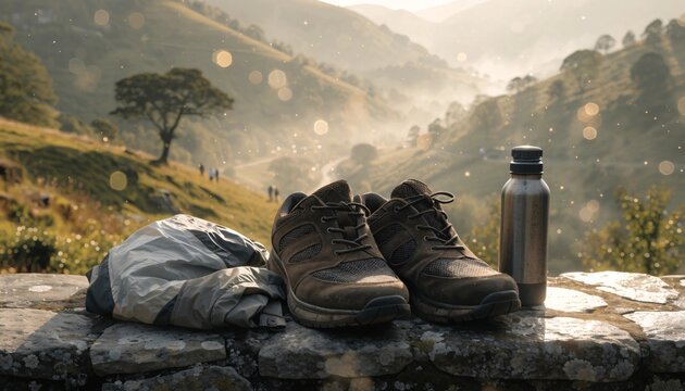 Hiking gear and water bottle sitting on a stone wall overlooking a scenic mountain valley