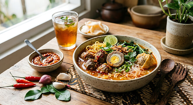 Indonesian spicy meatball soup (Bakso kuah pedas) served with noodles, egg, tofu, sambal, and iced tea on a rustic wooden table.