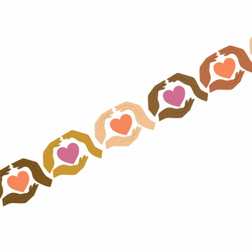 Diverse hands holding hearts in a unity chain