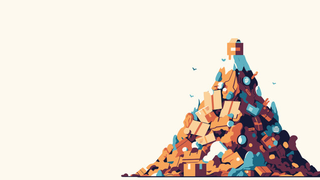 Minimalist vector illustration of a huge mountain pile of cardboard boxes and packaging waste, symbolizing overconsumption and landfill pollution.