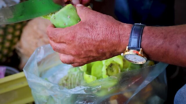Man Peeling Fresh Cactus Pear Fruit By Hand At Outdoor Market Stall Mexico