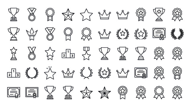 Trophies medals and award recognition line icons