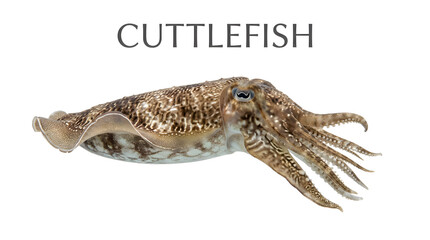 Fototapeta premium A Cuttlefish, a cephalopod mollusc, showcasing its patterned skin and tentacles, isolated on a plain background