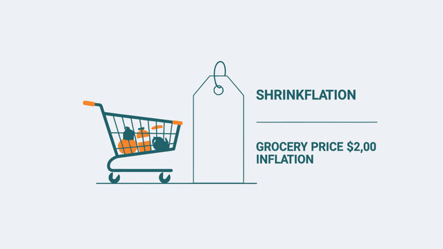 Vector illustration representing shrinkflation and grocery price inflation concept with shopping cart and price tag in clean flat style.