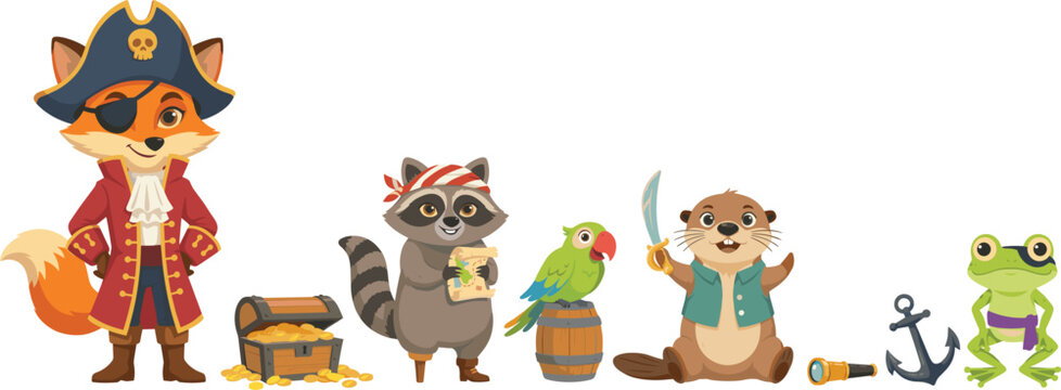 Cute pirate animal character set featuring fox captain raccoon sailor parrot beaver and frog with treasure chest anchor and map elements