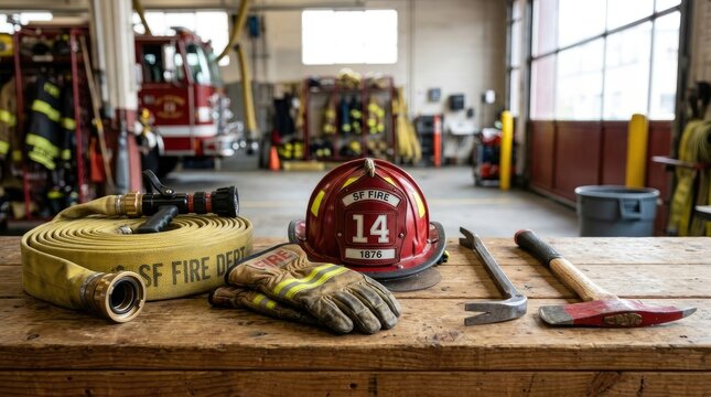 A firefighter's helmet and gloves rest on a weathered wooden table in a fire station. A fire hose and tools are also present.