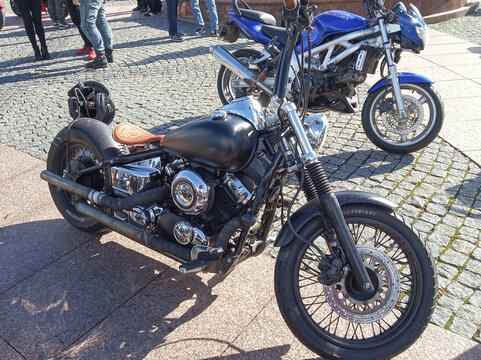 Grodno, Republic of Belarus. - September 09, 2018: A custom Yamaha DragStar 650 or V-Star 650 motorcycle, finished in a bobber style.