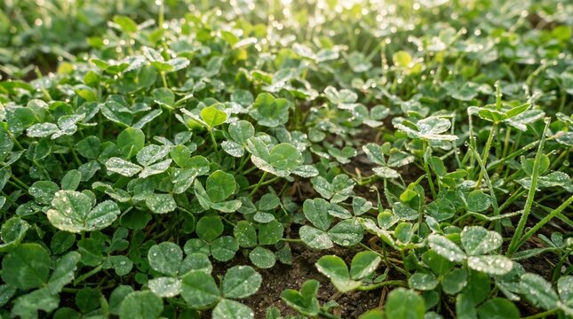Clover leaves cover the earth displaying morning dew and lush greenery