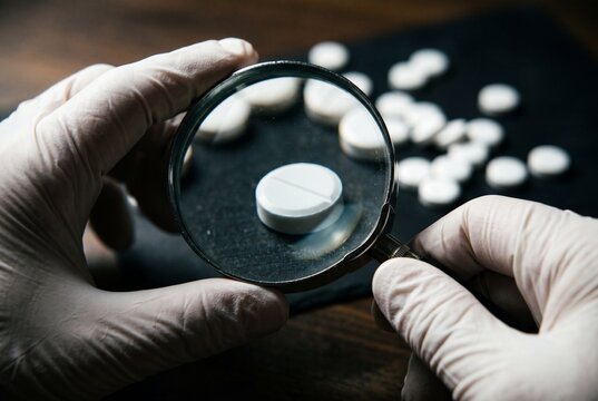 Scientist Using Magnifying Glass to Examine Pharmaceutical Tablets in Laboratory