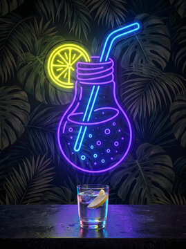 Neon light bulb glass with lemon slice and straw on dark background