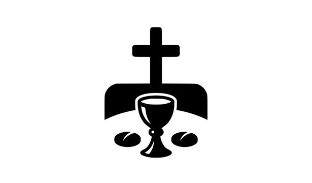 Minimal Christian communion symbol with cross chalice and Eucharist wafer black white vector icon