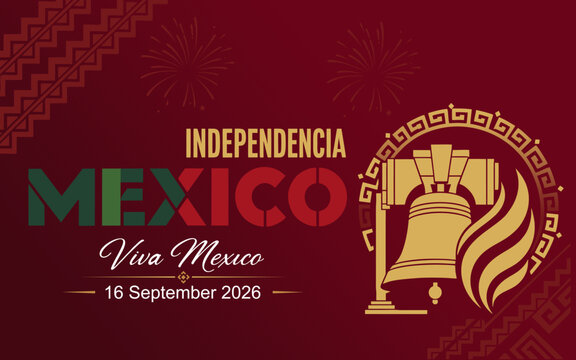 Mexico Independence Day 2026 design featuring the iconic Mexican independence bell, eagle motif, decorative patterns, and bold patriotic typography on a deep burgundy background.