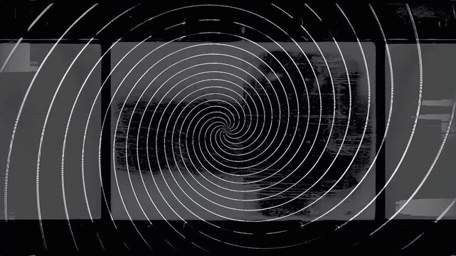 Abstract Dark Black Distorted Spiral Pattern Hypnotic Optical Illusion Retro Psychedelic Background Template With Copy Space