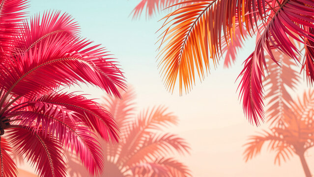 Vibrant palm fronds in pink and orange against a soft sky