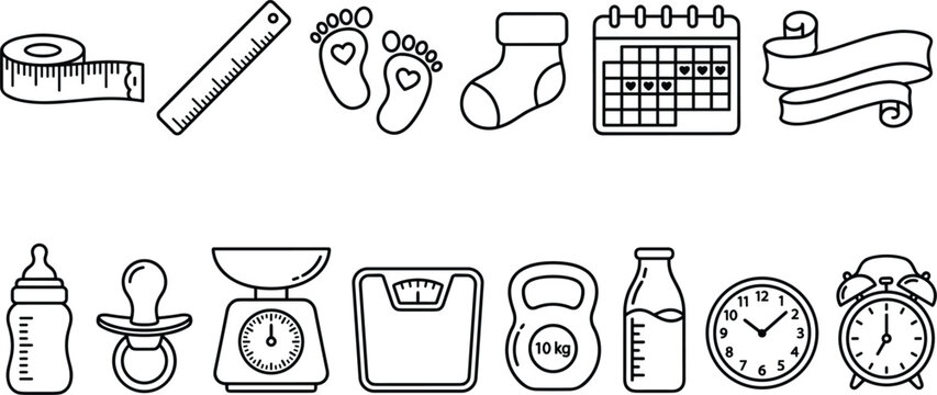 Cute Newborn Baby Metric Icon Set with Measuring Tape, Scale, Calendar, Feet, and Feeding Bottle Line Icons for Infographics and Announcements