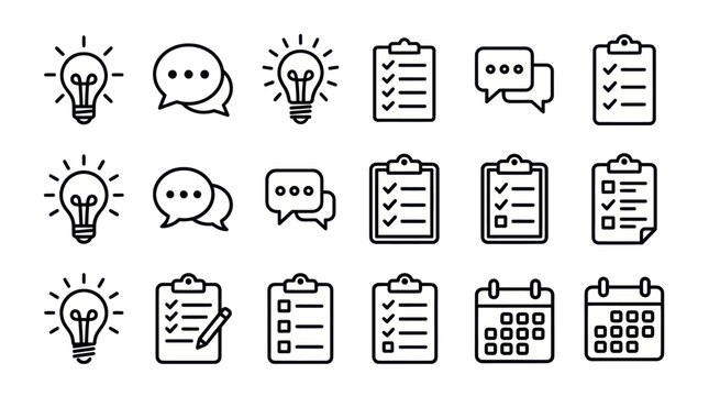 Business planning and creative thinking linear icon set