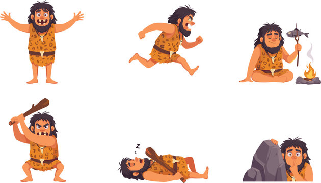 Cartoon caveman character vector asset set showing stone age primal man running, hunting with weapon, cooking fish, sleeping, and hiding behind rocks