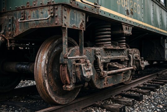 Close Up View of Rusted Train Wheels and Undercarriage on Railway Tracks
