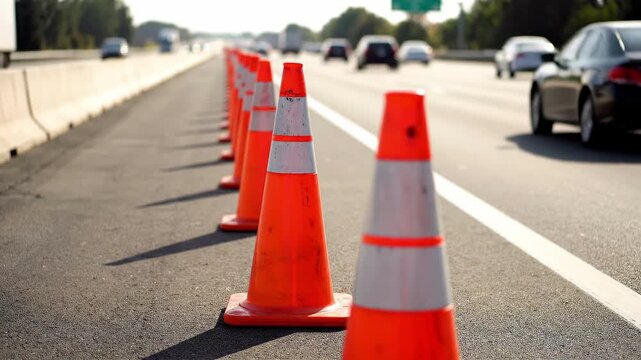 Orange traffic cones line a highway shoulder with cars driving past.