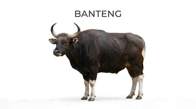 A wild banteng bull stands tall, showcasing its impressive horns and muscular build. The banteng, a species of wild cattle.