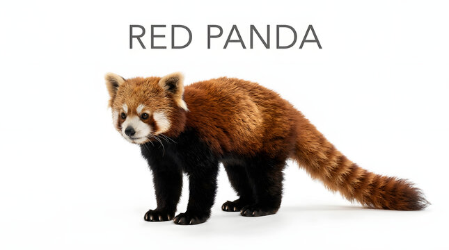 A red panda stands on a white background. Its fur is reddish-brown on its back and tail, with black fur on its underside and legs. Its face has white markings around its eyes and muzzle.