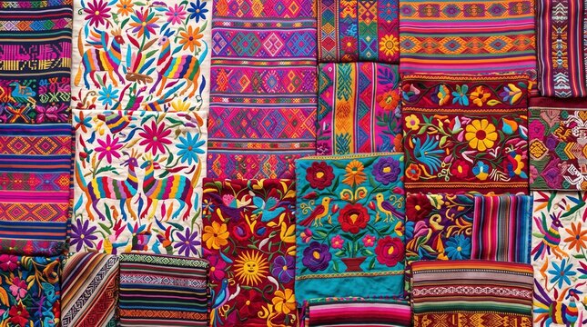 Assortment of vibrant traditional Mexican textiles and colorful embroidered floral fabrics for Dia de los Muertos celebration background