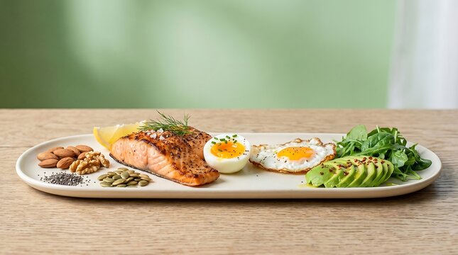 Long plate of healthy ketogenic diet food with grilled salmon, eggs, avocado, mixed nuts, and seeds. Low carb high fat nutrition.