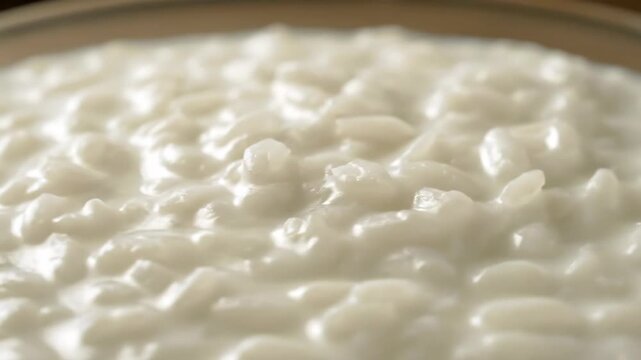 Extreme close-up of creamy white rice pudding texture. Delicious homemade sweet dessert or breakfast cereal background.