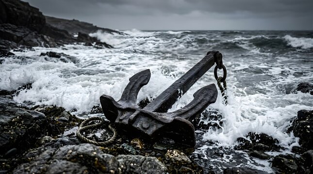 Old rusty metal anchor washed ashore on a stormy sea coastline