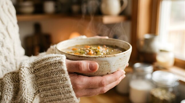 Person holding a warm bowl of vegetable soup in a cozy home kitchen