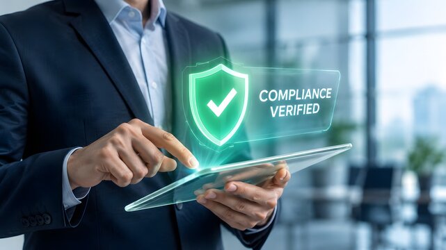 A professional businessman using advanced digital technology to verify data compliance and secure information on a modern glass tablet screen