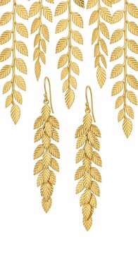 Collection of gold leaf dangle earrings isolated on transparent background