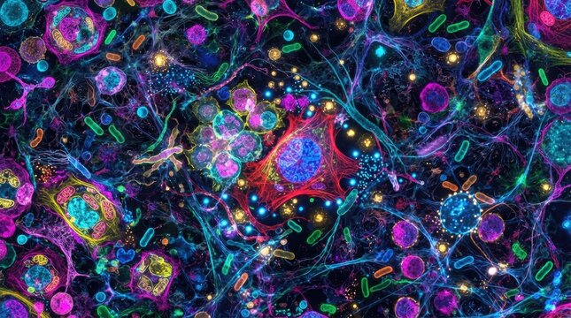 The image displays a vibrant, microscopic view of a human cell, teeming with organelles and cellular structures.