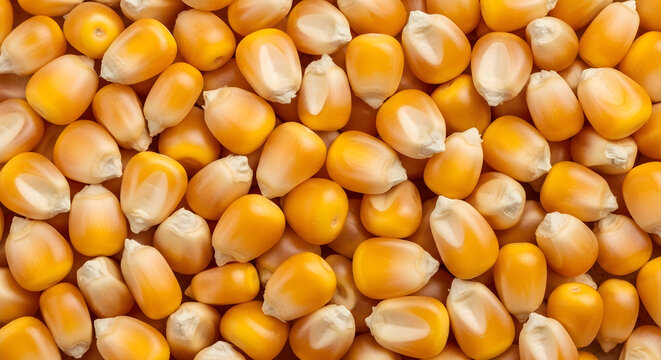 High-Angle Close-Up View of Dried Yellow Corn Kernels Texture Pattern for Agricultural Food Production and Healthy Natural Grain Ingredients