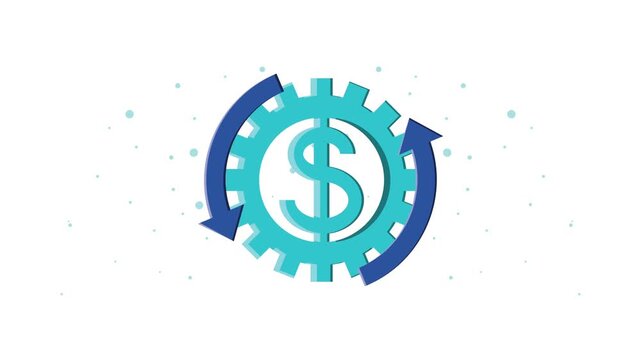 A motion graphic animation of a dollar sign in a gear with two arrows spinning around it on a white background.