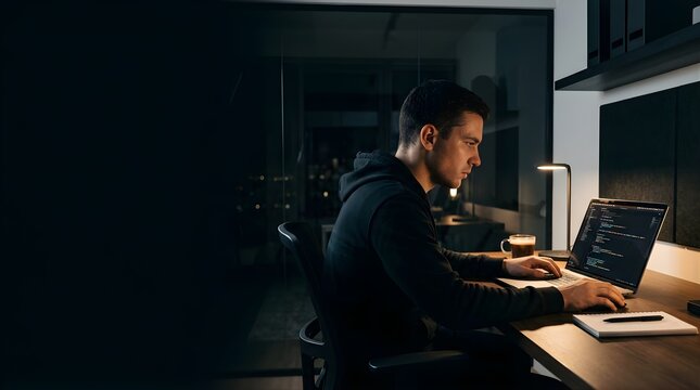 Professional software developer working on laptop code in a dark office