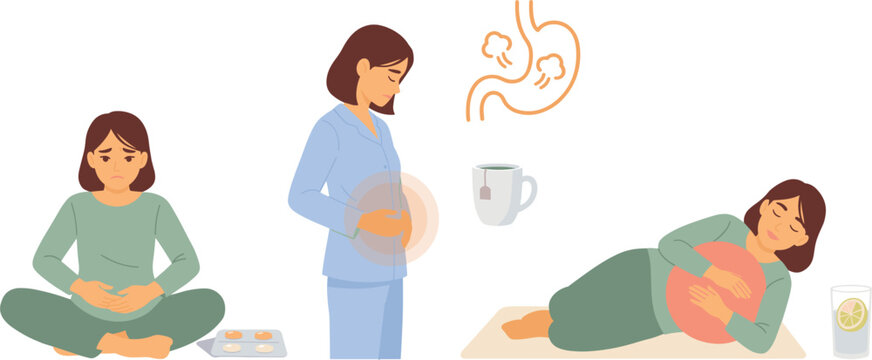 Stomach ache and indigestion woman character set suffering from bloating gas abdominal pain menstrual cramps and using home remedies vector illustration