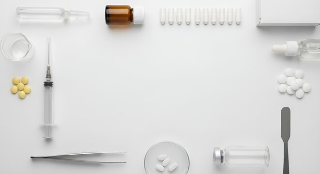 Flat lay of medical supplies, pills, and syringes on a white background with copy space
