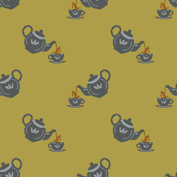 Seamless cross stitch embroidery pattern with pixel art teapots pouring tea into cups on a muted yellow background. Retro style vector illustration perfect for textile design, wrapping paper wallpaper
