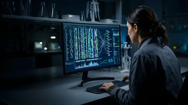 Scientist analyzing genetic data on computer monitor in laboratory