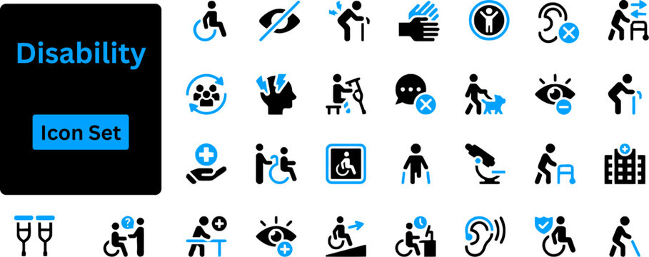 Disability solid icon set. Collection of diverse accessibility and disability icons representing various needs and support services for inclusion and equal access