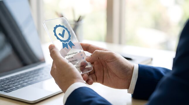 A business person using modern digital technology to verify quality standards with a check mark icon on a smartphone screen